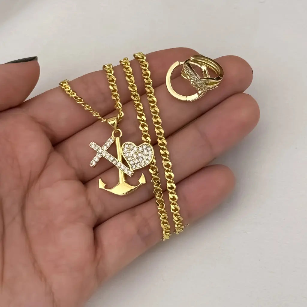 Cadena Tejido Escalera Plana de 45cm de 3mm de Grosor + Dije de las 3 Gracias + Candongas Trensada en oro Laminado 18k com Garantia de por vida