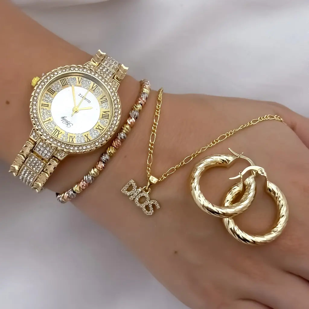 Cadena Tejido Catier de Dama de 45cm + Dije de Dios + Candongas Medina Lisas + Pulsera de 4mm Balin Italaino en Oro Laminado 18k + Reloj Hifter con micro circones con Garantia