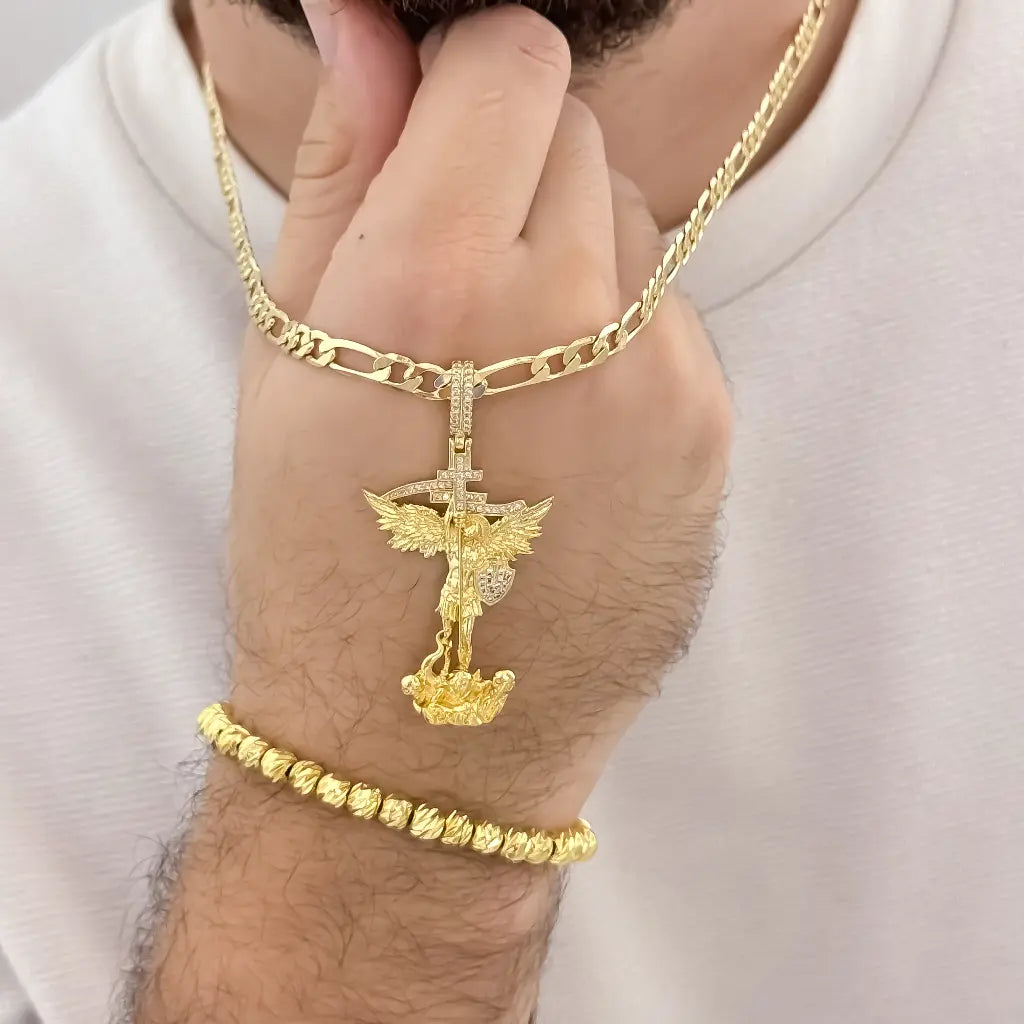Cadena Tejido Catier de 60cm de 5mm de Grosor + San Miguel Arcángel Protección + Pulseras full balines de 5mm de Grosor en Oro Laminado 18k con Garantia de por vida