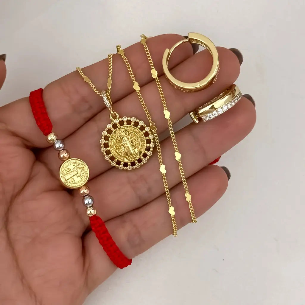 Juego de Cadena Cubana Corazon + Amuleto de San Benito Protección + Pulsera de 3 oros con Herraje de San Benito + Candongas con micro circones en Oro Laminado 18k con Garantia de por vida