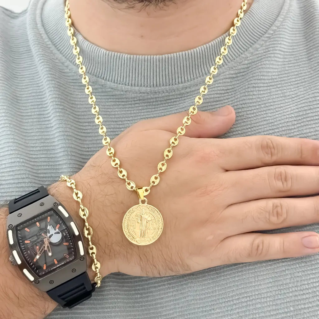Juego de Cadena Tejido Gucci + Dije San Benito Protección + Pulsera Tejido Gucci + Reloj Richarr Mille