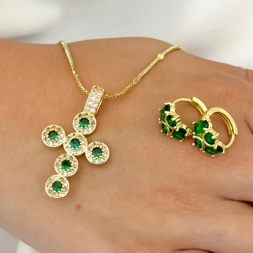 Conjunto Verde para Dama Cadena Cubana + Cruz Verde Esmeralda + Candongas verde Esmeralda en Oro Laminado 18k con Garantia de por vida