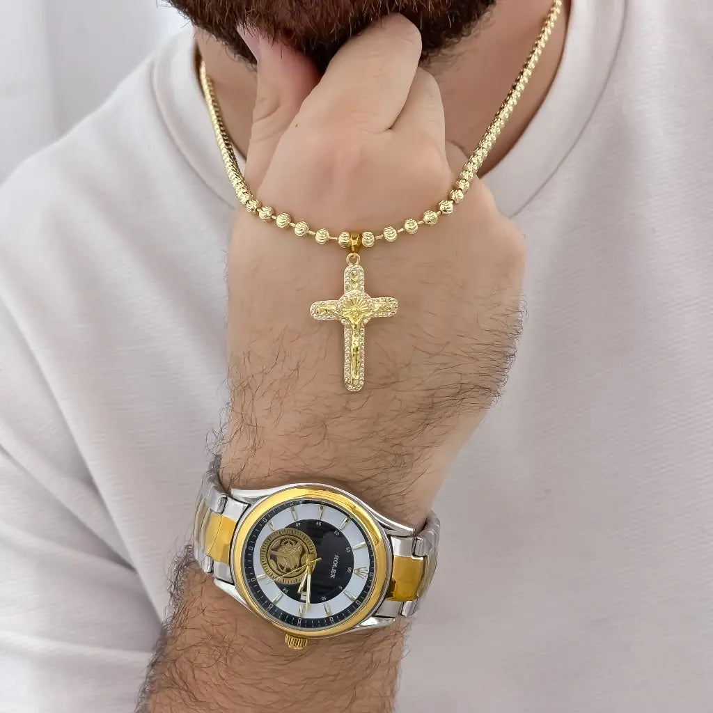 Cadena Tejido Militar Diamantada de 60cm de 4mm de Grosor + Cruz Cristo San Benito Proteccion + Reloj Rolex de Alta Calidad con Garantia