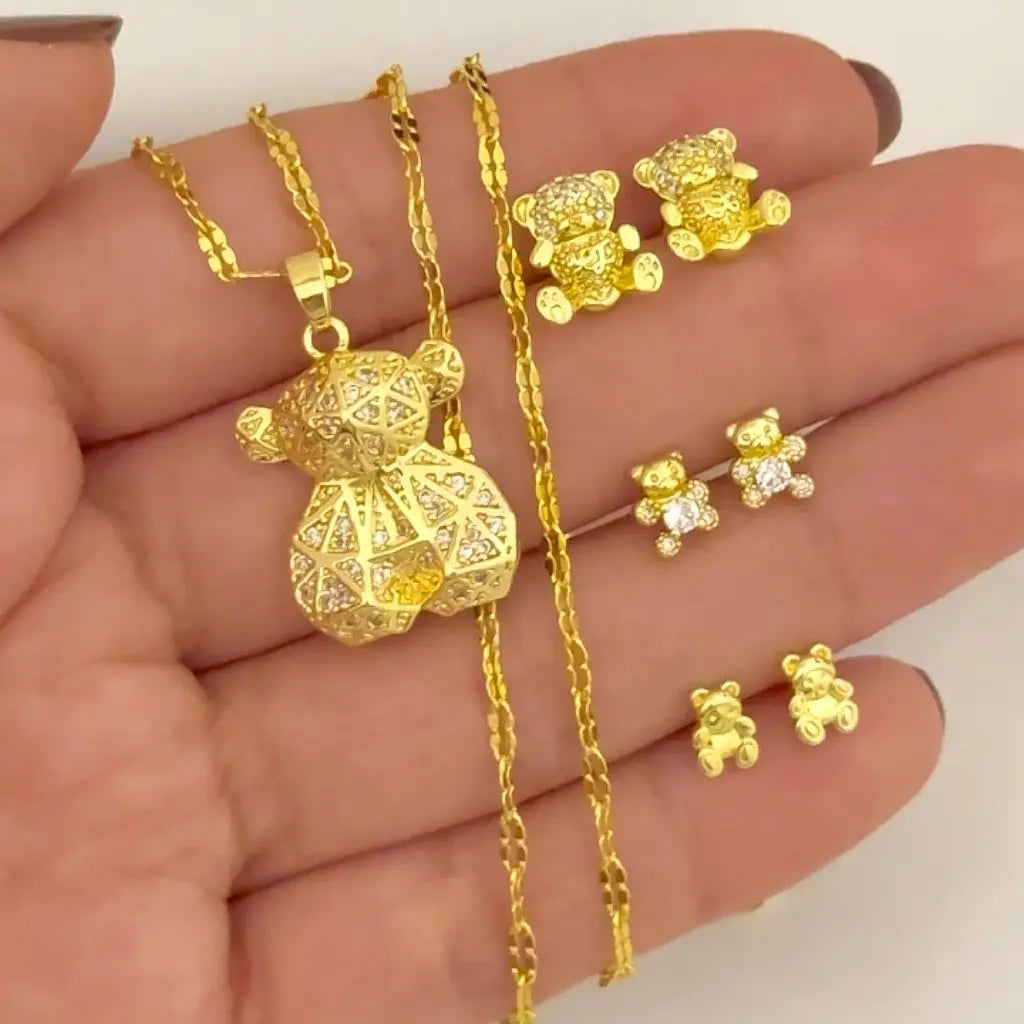 Cadena Tejido Crispeta + Dije de Oso con micro circones + Juego de Tres oso en Oro Laminado 18k con Garantia de por vida