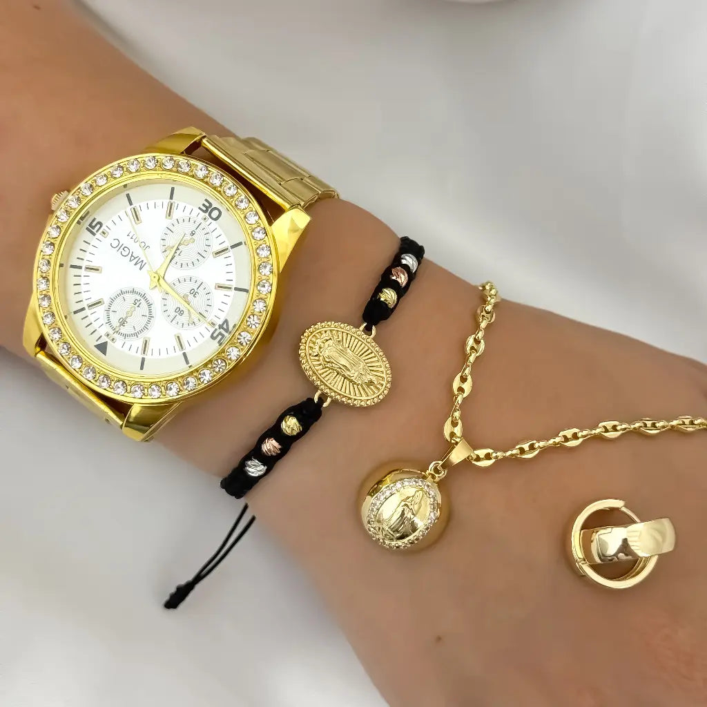 Conjunto Gucci para Dama + Virgen Guadalupe + Pulsera Virgen Guadalupe + Candongas Lisas + Reloj de Alta Gama