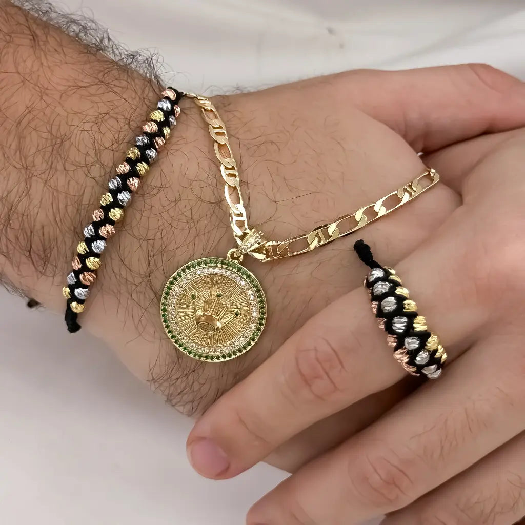 Conjunto Cadena Tejido 1 X 1 de Hombre de 5mm de Grosor + Rolex corona Rolex Verde + Juego Pulseras Doble de Balin Italiuano de 3 oros + Anillos Tejido en oro Laminado 18k con Garantia de por vida