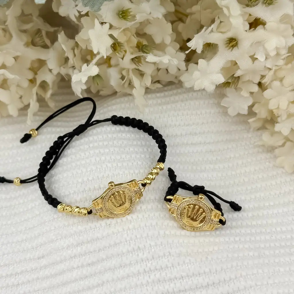 Juego de Pulsera Balin italaino con Dije de corona Rolex + Anillo Tejido Corona Rolex en Oro Laminado 18k con Garantia de por vida