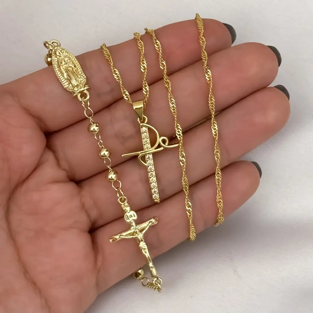 Cadena Tejido Singapur de Dama de 45cm + Dije de Fe Esperanza + Denarios de ´Proteccion de Virgen de Guadalupe en Oro Laminado 18k con Garantía de por vida