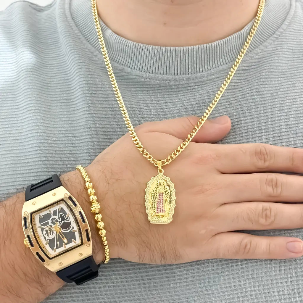 Conjunto de Cadena Cubana + Virgen Guadalupe + Pulsera Full Balines en Oro Laminado 18k con Garantia de por vida + Reloj Richar Mille