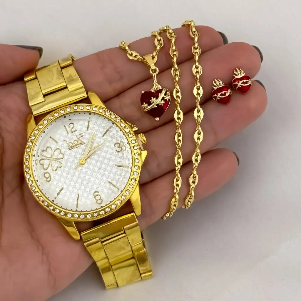 Juego de Corazon de jesus + Topos de Corazon de jesus con Cadena Tejido Gucci en Oro Laminado 18k con Garantía + Reloj de Dama de Alta Calidad