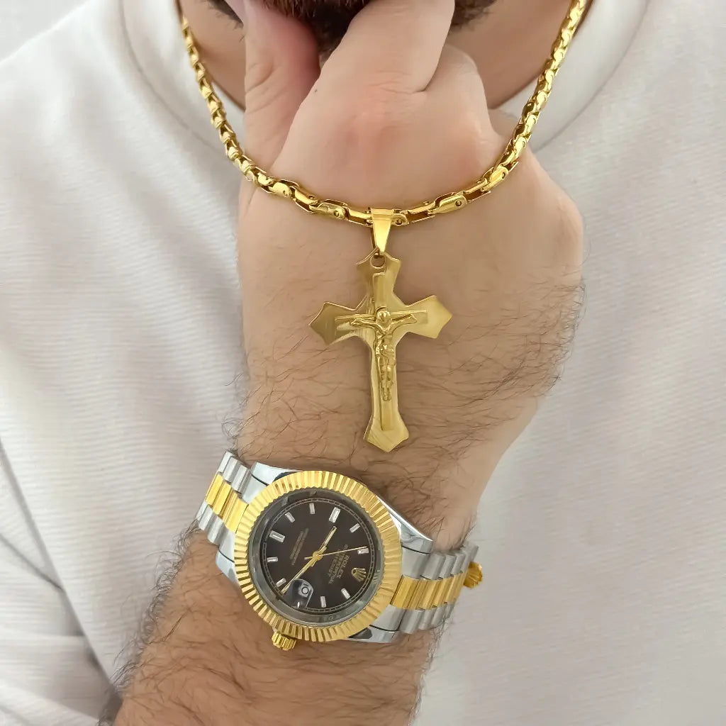 Cadena Tejido Barbado Gruesa 60cm + Cruz Madero Grande en Oro Laminado 18k con Garantia de por vida + Reloj Rolex Replica 1.1 con Garantia