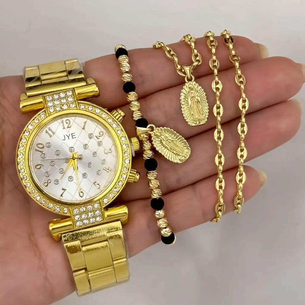 Cadena Tejido Gucci de Dama de 45cm de 3mm de Grosor + Virgen de Guadalupe Tallada + Pulsera Virgen de Guadalupe en Oro Laminado 18k con Garantia de por vida + Reloj de Dama de alta calidad
