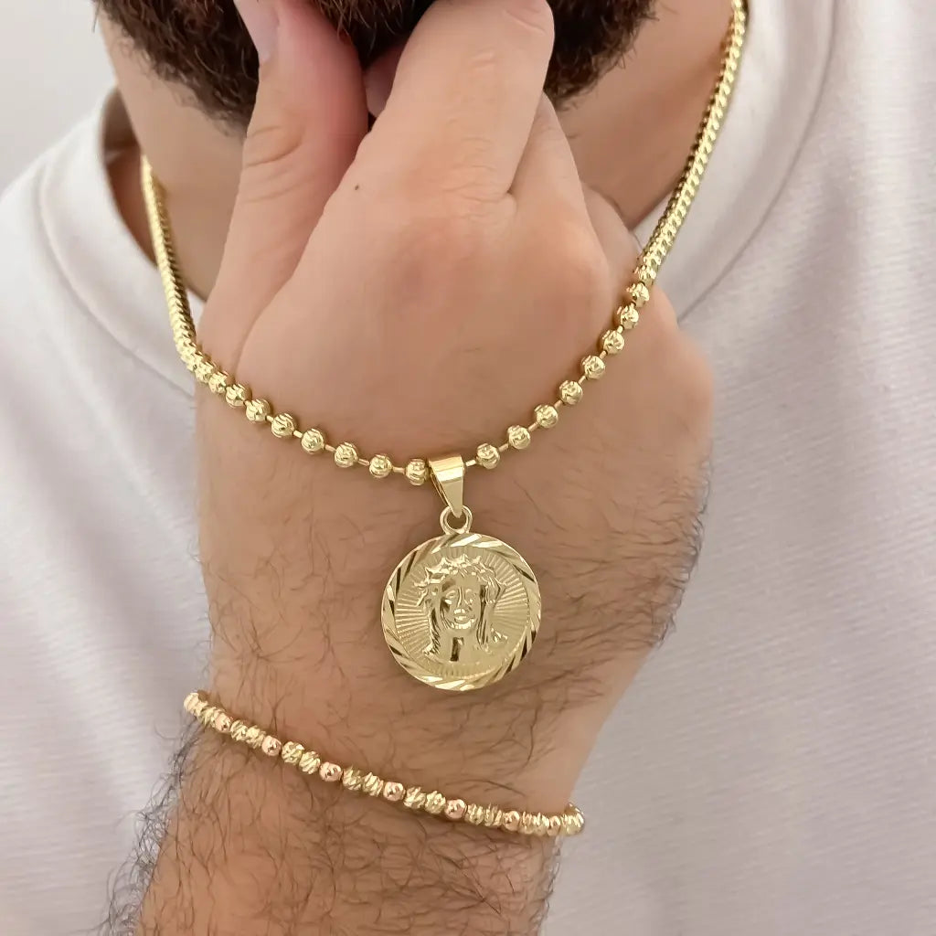 Cadena Tejido Militar de 60cm de 4mm de Grosor + Dije de Rostro de Jesus + Pulsera Italiano en Oro Laminado 18k con Garantia de po vida