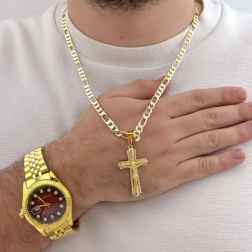 Cadena Tejido Catier de Hombre 60cm + Cruz cristo Madero con Micro circones en Oro Laminado 18k con Garantia de por vida