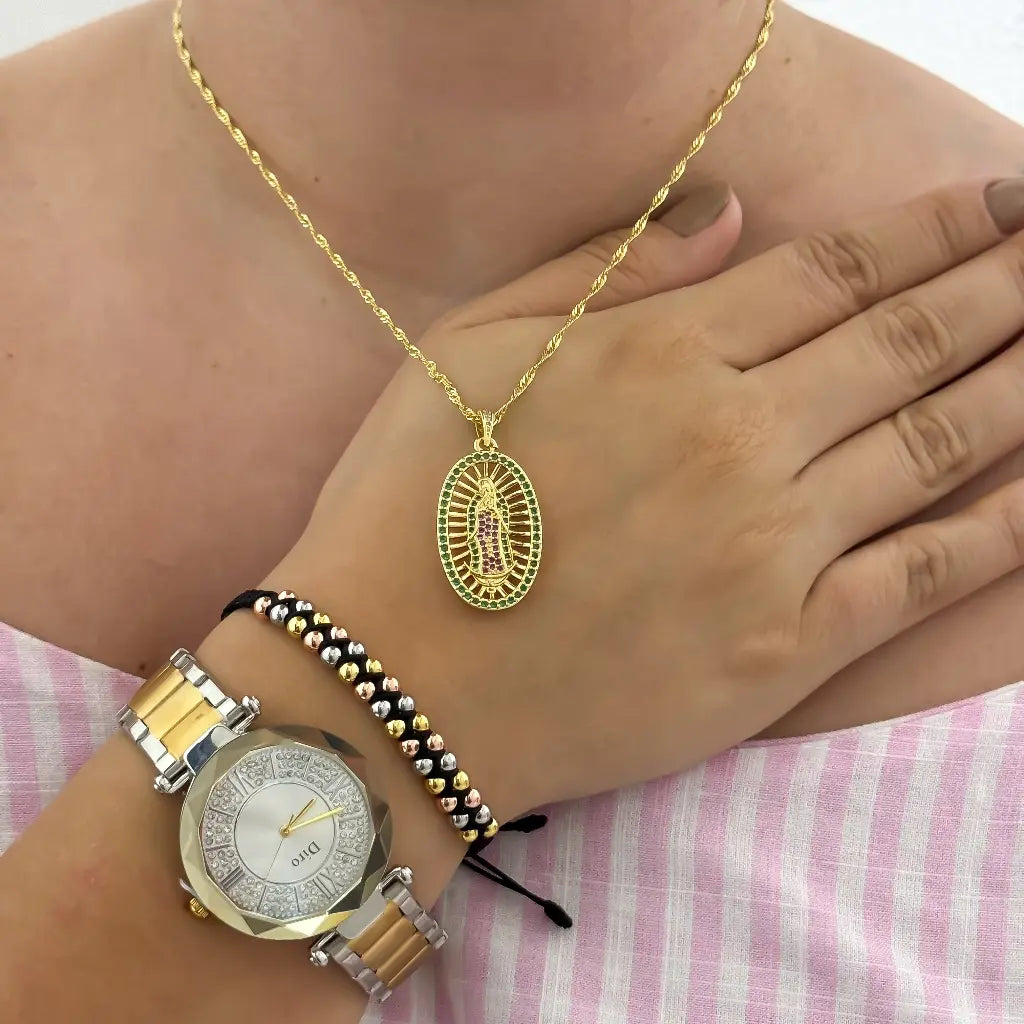 Cadena Tejido Singapur 45cm + Virgen Guadalupe con Circones Verde + Pulsera Doble Balin 4mm de 3 Oros en Oro Laminado 18k + Reloj Dior con garantia de por Vida