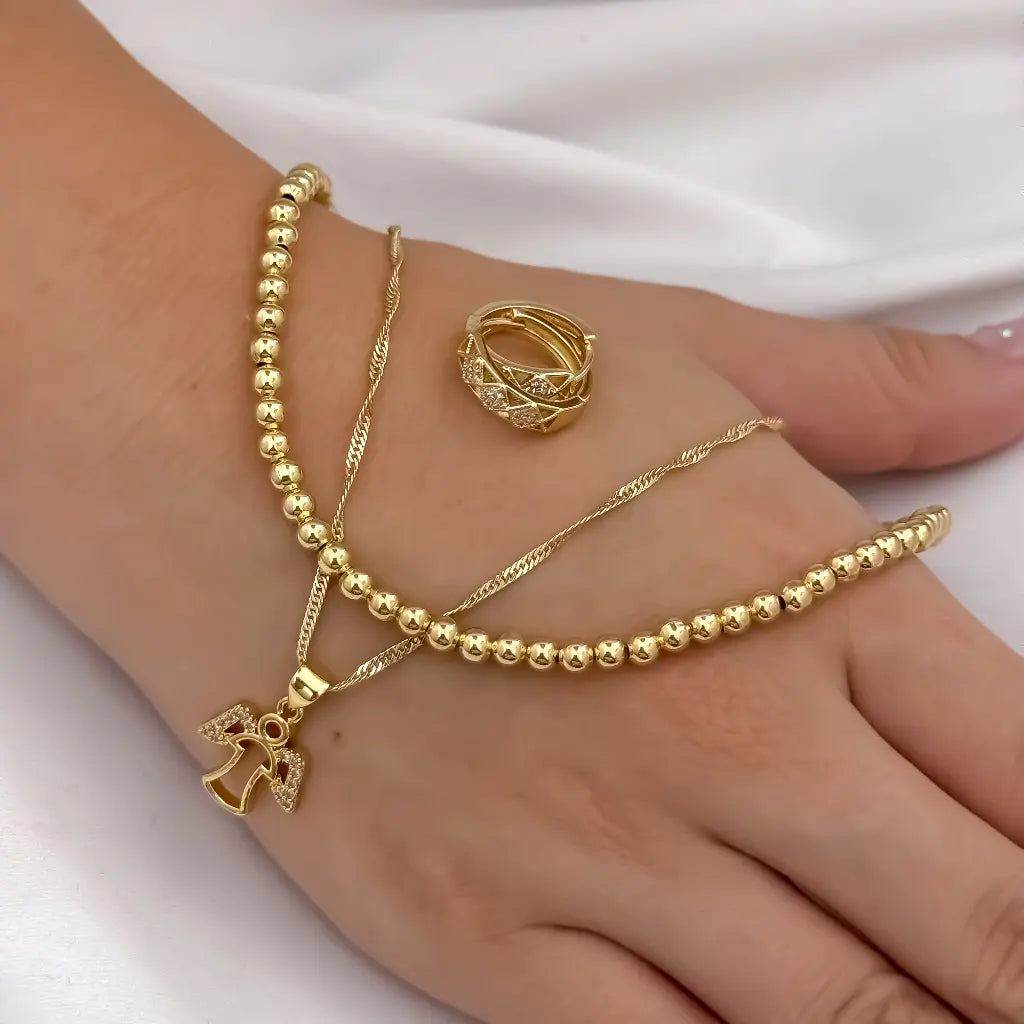 Conjunto para Dama de Cadena Militar de Dama en Choker de 40cm + Cadena Singapur de Dama de 50cm + Dije de Angel Protector + Candongas con micro circones en Oro Laminado 18k con Garantia de por vida