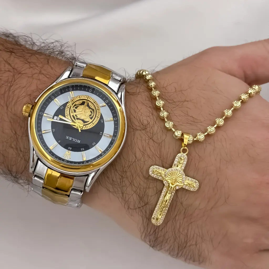 Cadena Tejido Militar Diamantada de 60cm de 4mm de Grosor + Cruz Cristo San Benito Proteccion + Reloj Rolex de Alta Calidad con Garantia