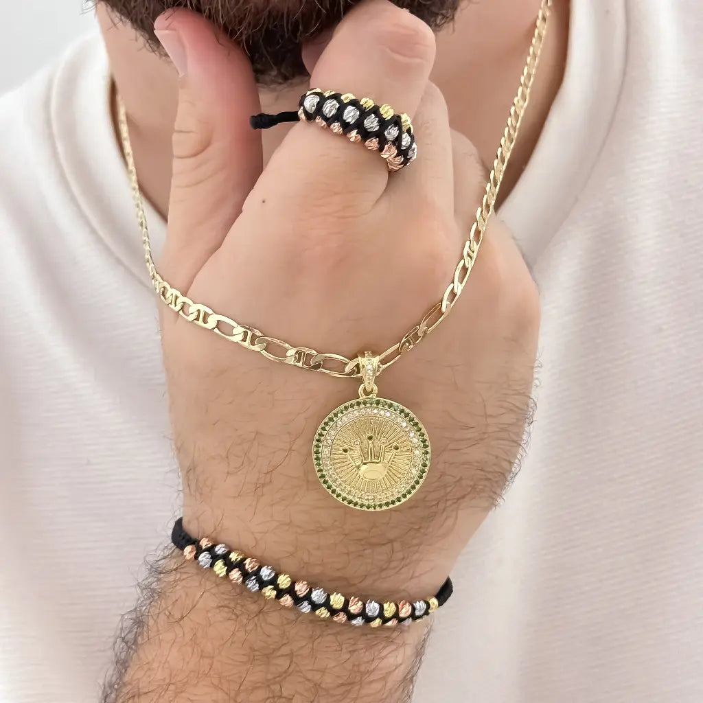 Conjunto Cadena Tejido 1 X 1 de Hombre de 5mm de Grosor + Rolex corona Rolex Verde + Juego Pulseras Doble de Balin Italiuano de 3 oros + Anillos Tejido en oro Laminado 18k con Garantia de por vida