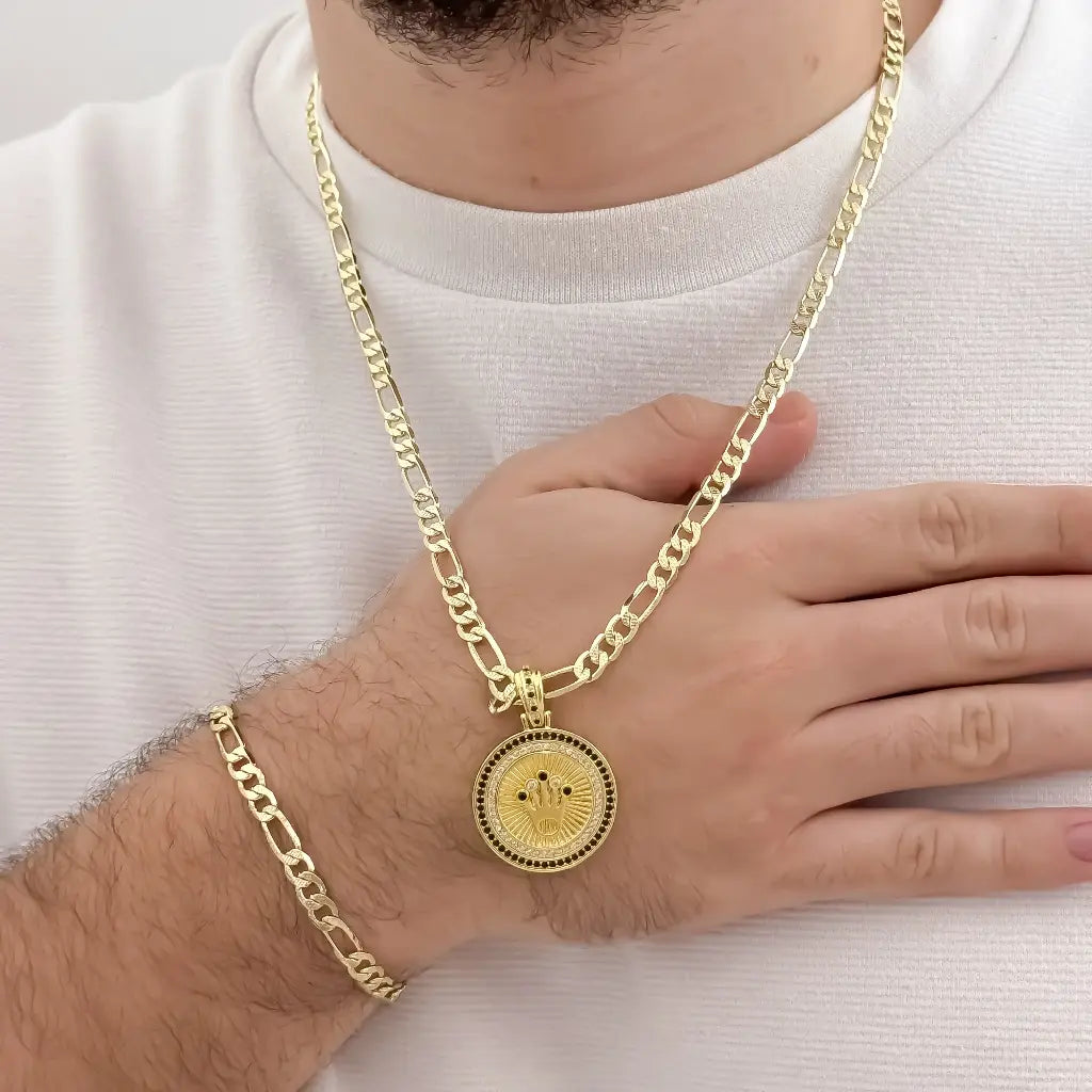 Conjunto Para hombre en Cadena tejido Catier de 60cm de 5mm de Grosor + Dije de Corona con micro circones Verde + Pulseras de 20cm de 5mm de Grosor en Oro Laminado 18k con Garantia de por vida