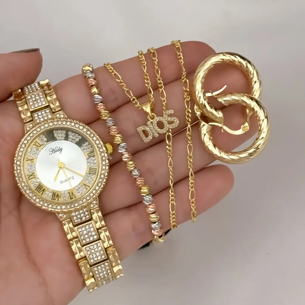 Cadena Tejido Catier de Dama de 45cm + Dije de Dios + Candongas Medina Lisas + Pulsera de 4mm Balin Italaino en Oro Laminado 18k + Reloj Hifter con micro circones con Garantia