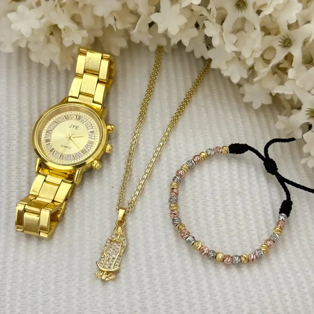 Juego de Cadena Tejido chino 45cm + Virgen Guadalupe Pulseras de 3 oros en Oro Laminado 18k + Reloj JYS CON garantia de por vida