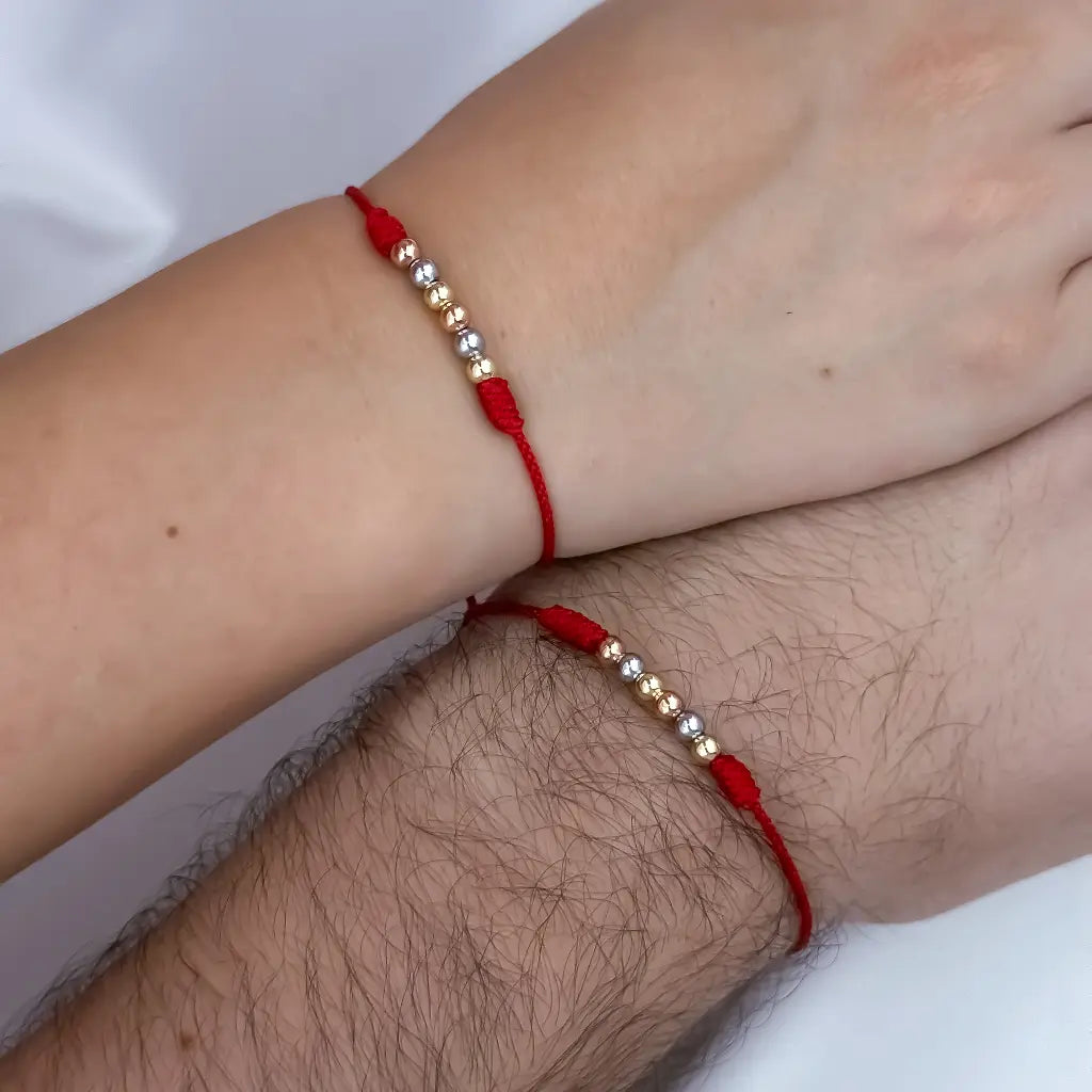 2 Hilos de Amor en Hilos Rojos en Balin 4mm en Oro Laminado 18k de 3 oros Amarillo Rosado Gris con Garantia de por vida