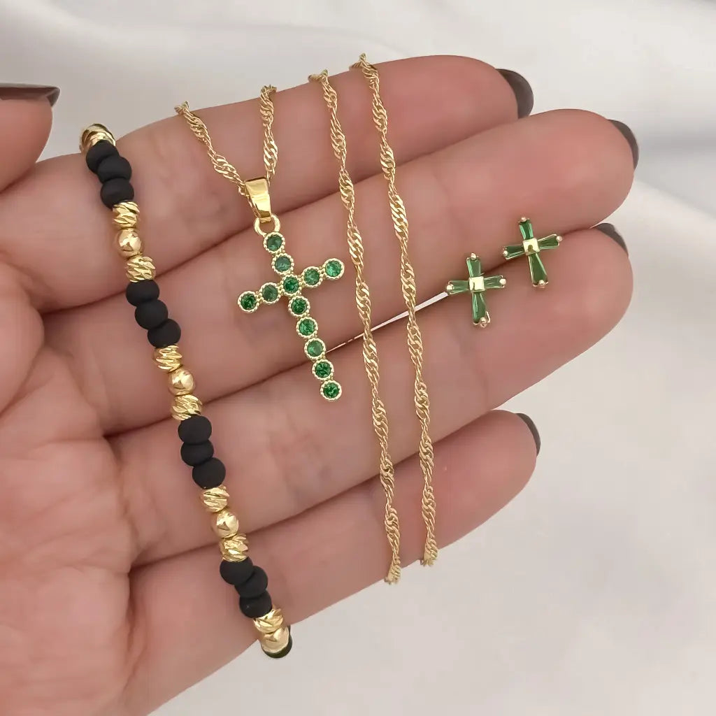Conjunto Cruz Verde Esmeralda para Dama Cadena Singapur + cruz verde Esmeralda + Topo Cruz Verde Esmeralda + Pulsera Balin Italiano de 4mm en Oro Laminado 18k con Garantia de por vida