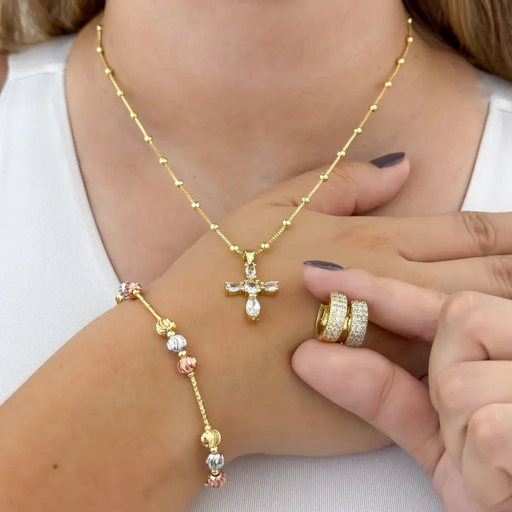 Juego de Dama Cadena Veneciana Doble Balin + Cruz circones + Pulsera Balin italaino de 4mm + Candongas con micro circón en Oro Laminado 18k con Garantia de por vida