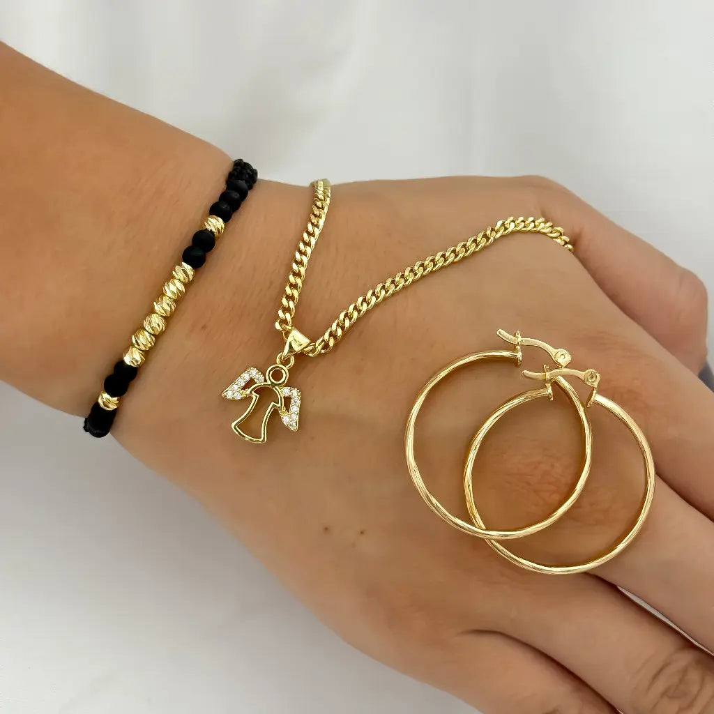 Conjunto de cadena cubana de Dama 45cm-2m + Dije Angel de Guarda + Canongas melcochas + Pulsera Balin 4mm en Oro laminado 18k con Garantia de por vida