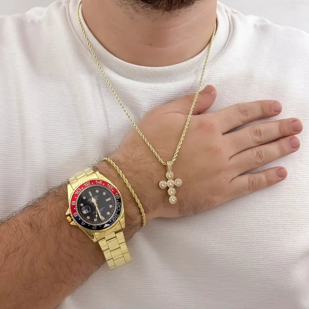 Cadena Tejido Lazo de Hombre de 60cm de 3mm de Grosor + Cruz Cristo con Circones Cristales de Pidras swarosky +Pulsera Lazo de 20cm de 3mm Grosor en oro Laminado |18k con Garantía de por vida + Reloj Rolex de Alta Gama con Garantia