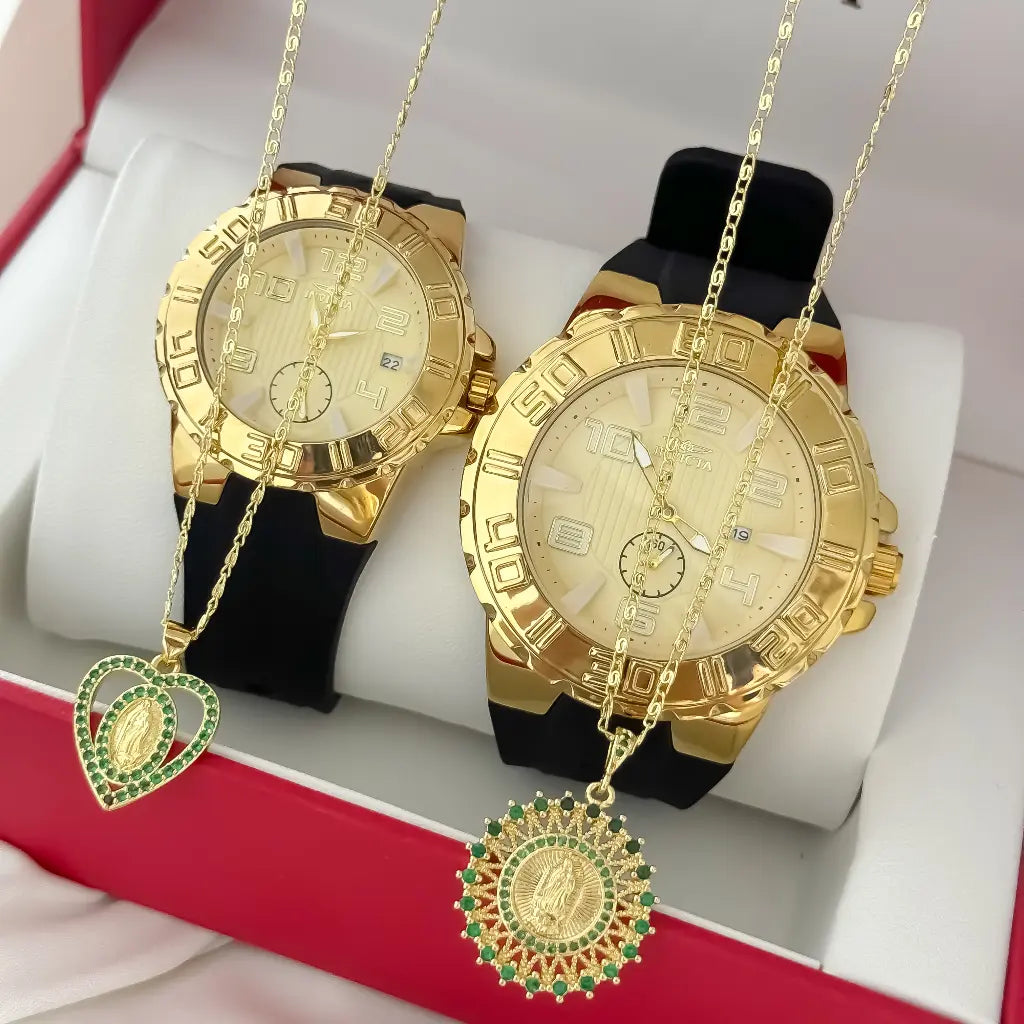 Juego de Cadenas para Parejas Tejido Caracol Hombre 60cm + Dama de 45cm + Dije de virgen guadalupe con micro Circonia en Oro laminado 18k con Garantia de por vida + Reloj Invicta de Parejas con Garantia de por vida