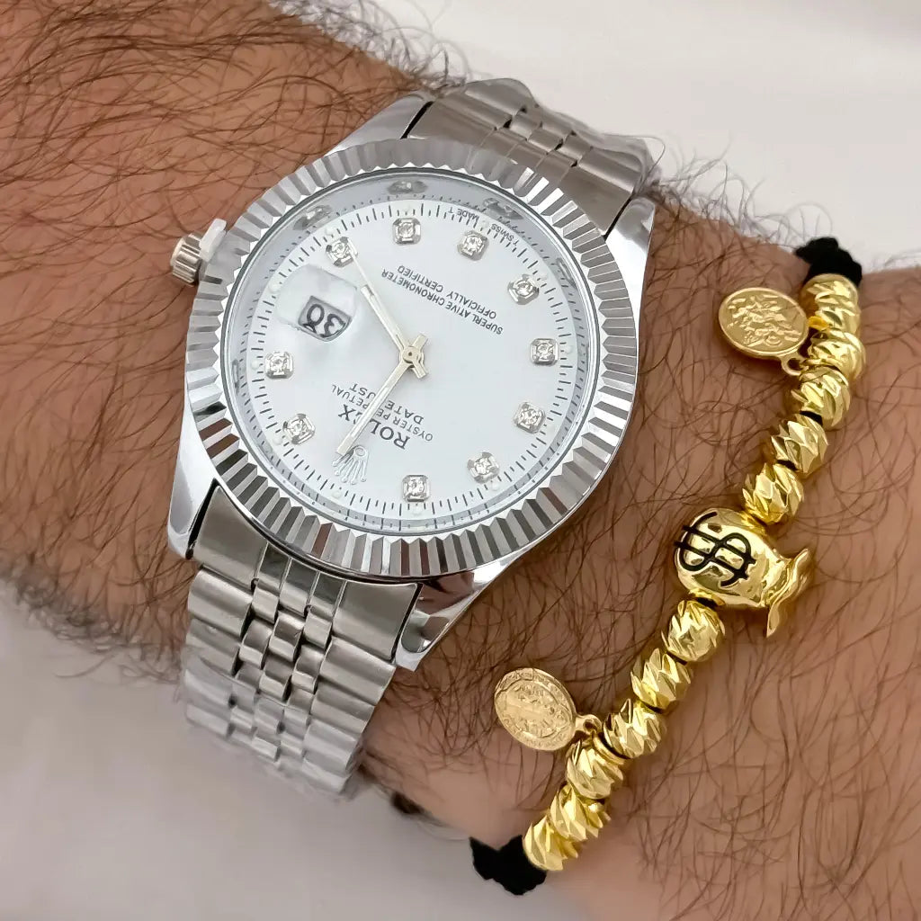 Manilla Abundancia Y Proteccion de San Miguel y San Benito Balin italiano de 4mm con bolsa de dinero en Oro Laminado 18k con Garantia de por vida + Reloj de Alta Gama en oro laminado 18k con garantia de por vida