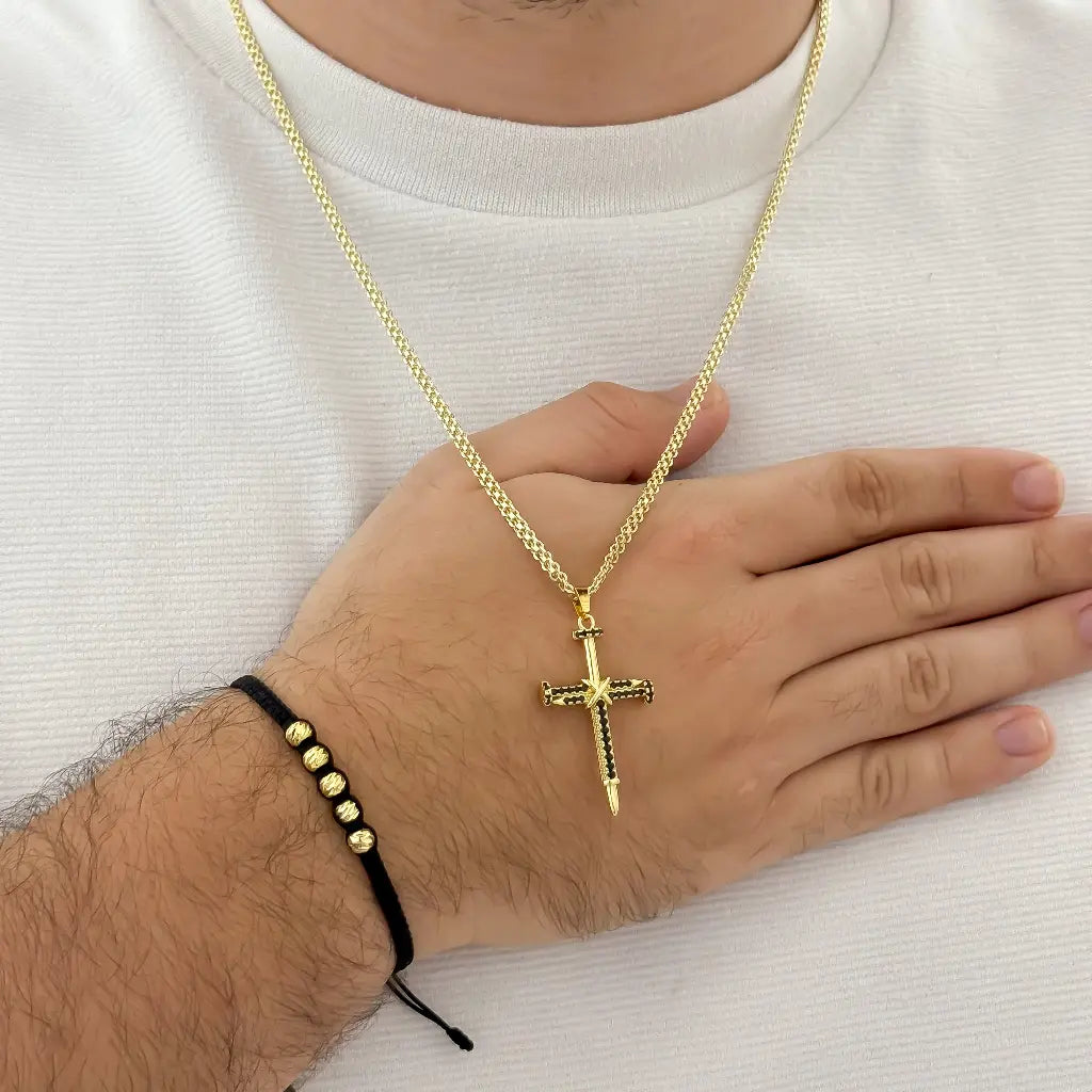 Cadena Tejido Chino 60cm -3mm + Dije Cruz Clavo Cruz + Pulsera Balin Italaino 6mm en Oro Laminado 18k