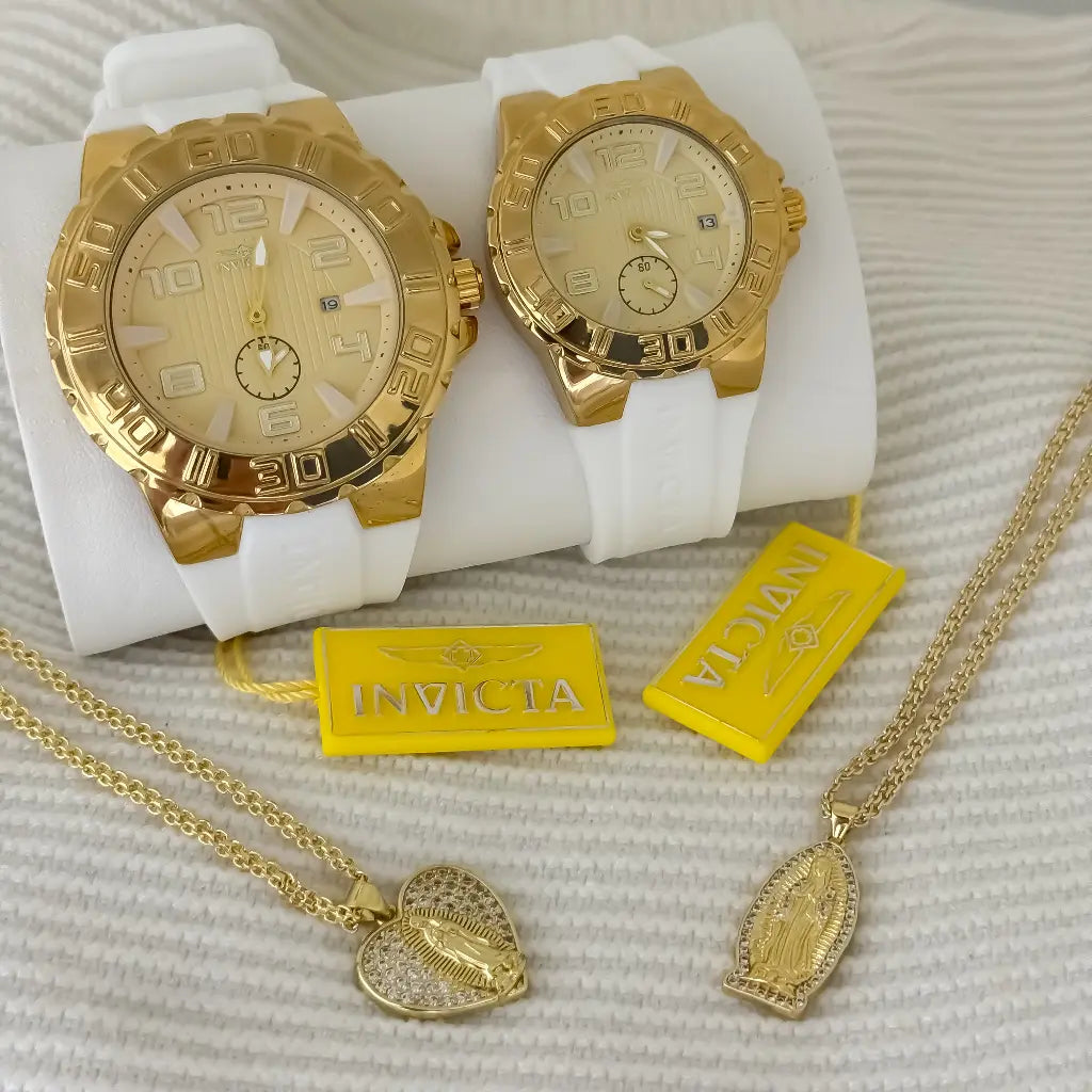 Juego de Cadenas para Parejas Tejido Chino Hombre 60cm + Dama 45cm + Dije de Virgen Guadalupe Proteccion en Oro Laminado 18k con Garantia de por vida + Reloj Invicta de parejas con Garantia