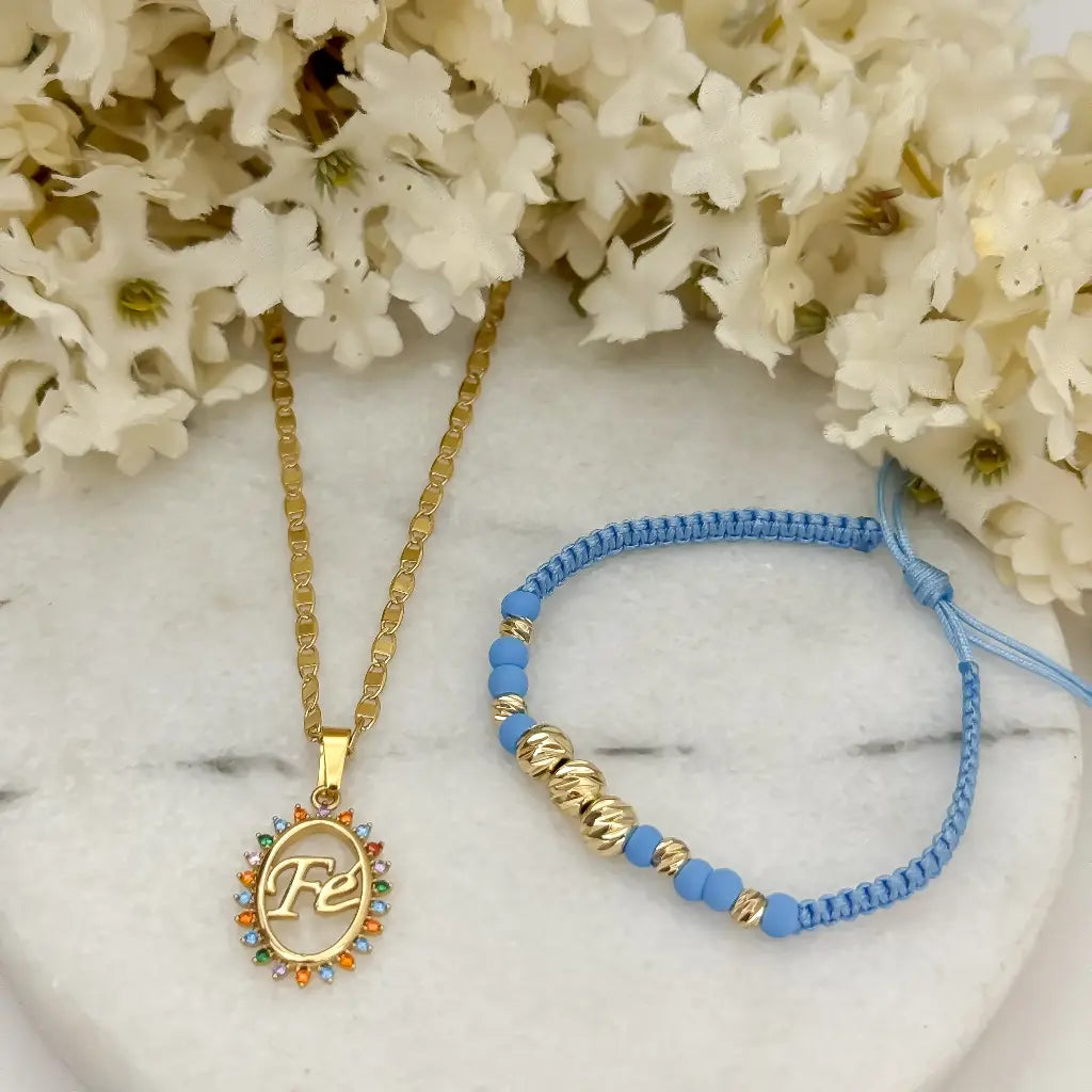 Cadena Tejido Escalera Plana + Dije de Fe con circones + Pulsera Balin Italaino en Oro Laminado 18k con Garantia de por vida