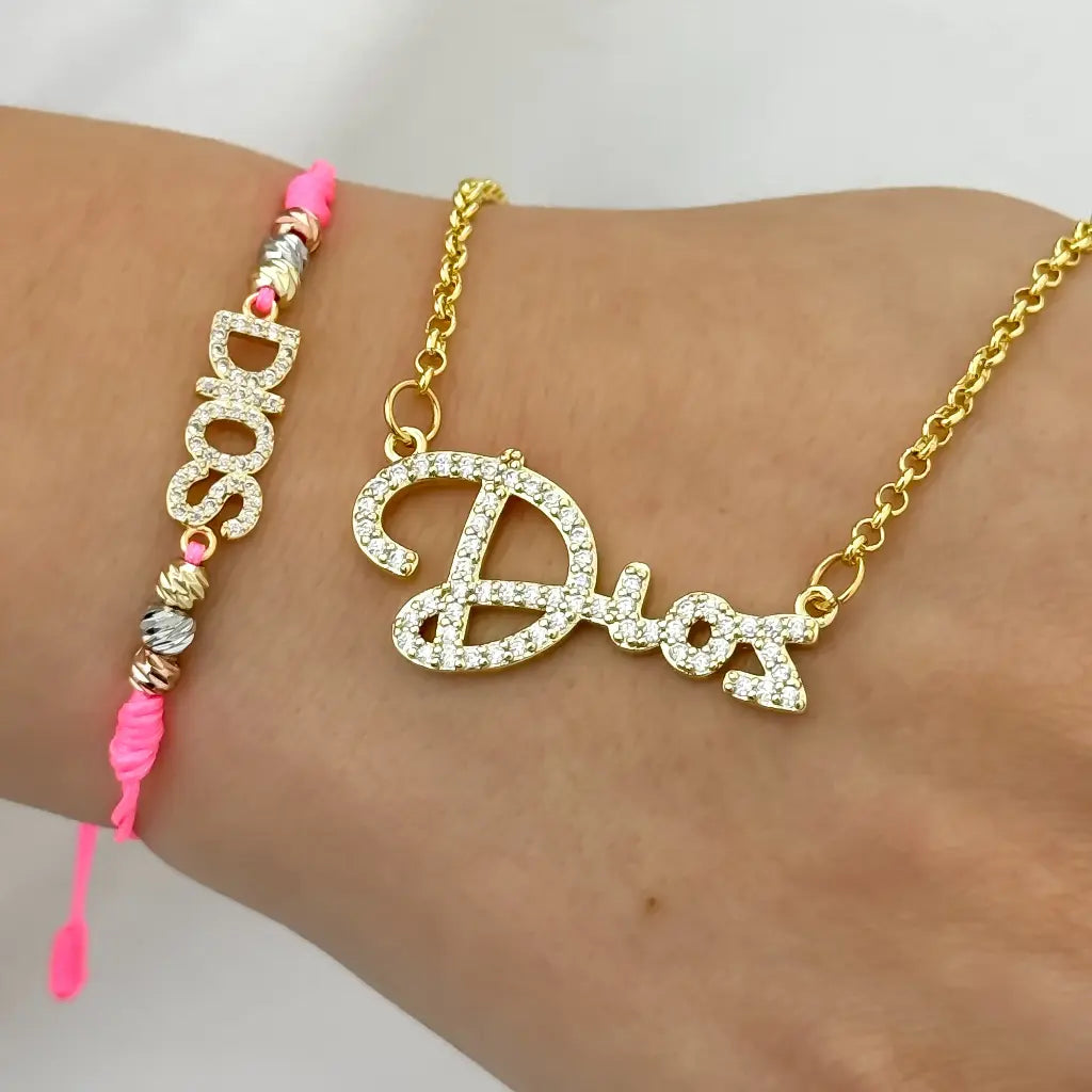 Collar para Dama Dije de Dios + Pulsera de Dios en Baño de Oro de 14k con Garantia de por vida