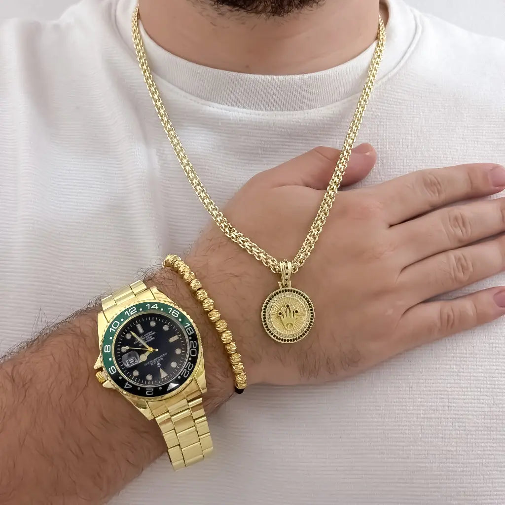 Juego de Cadena Tejido Chino de Hombre de 60cm de 4mm de Grosor + Dije de Corona Rolex + Pulsera balin Italiano de 6mm en Oro Laminado 18k con Garantía de por vida + Reloj de Alta Gama