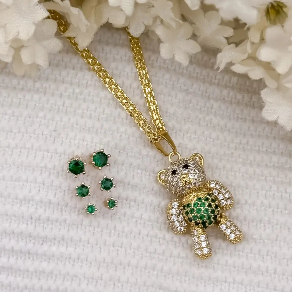 Cadena Tejid Chino de Dama de 45CM + Oso Articulado Circones Verde Esmeralda +Trio de Topos Verde Esmeralda Pequeño Mediano y Grande en Oro Laminado 18k con Garantia de por vida