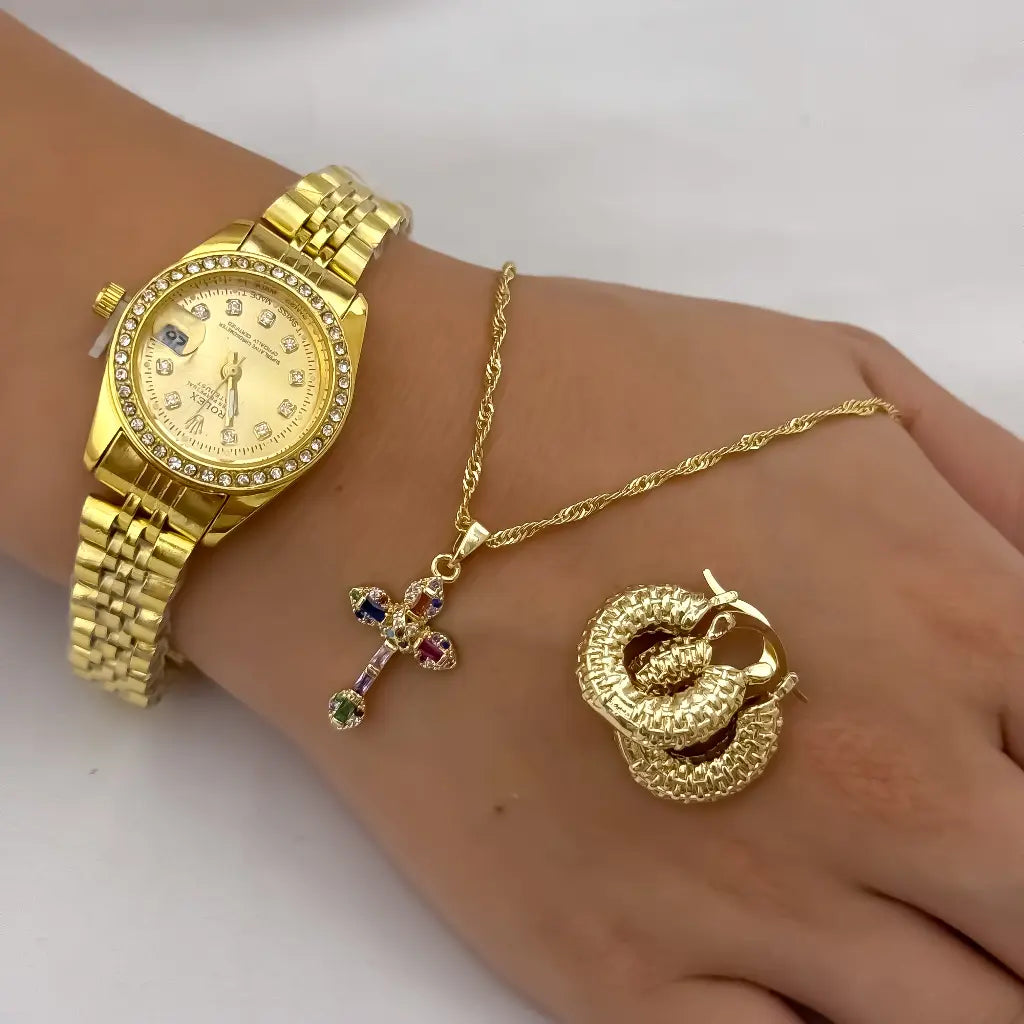 Cadena Singapur de Dama + Dije Cruz Vicolor + Candongas Diamantadas en Oro Laminado 18k con garantia de por vida + Reloj rolex de Dama Alta gama con Garantia