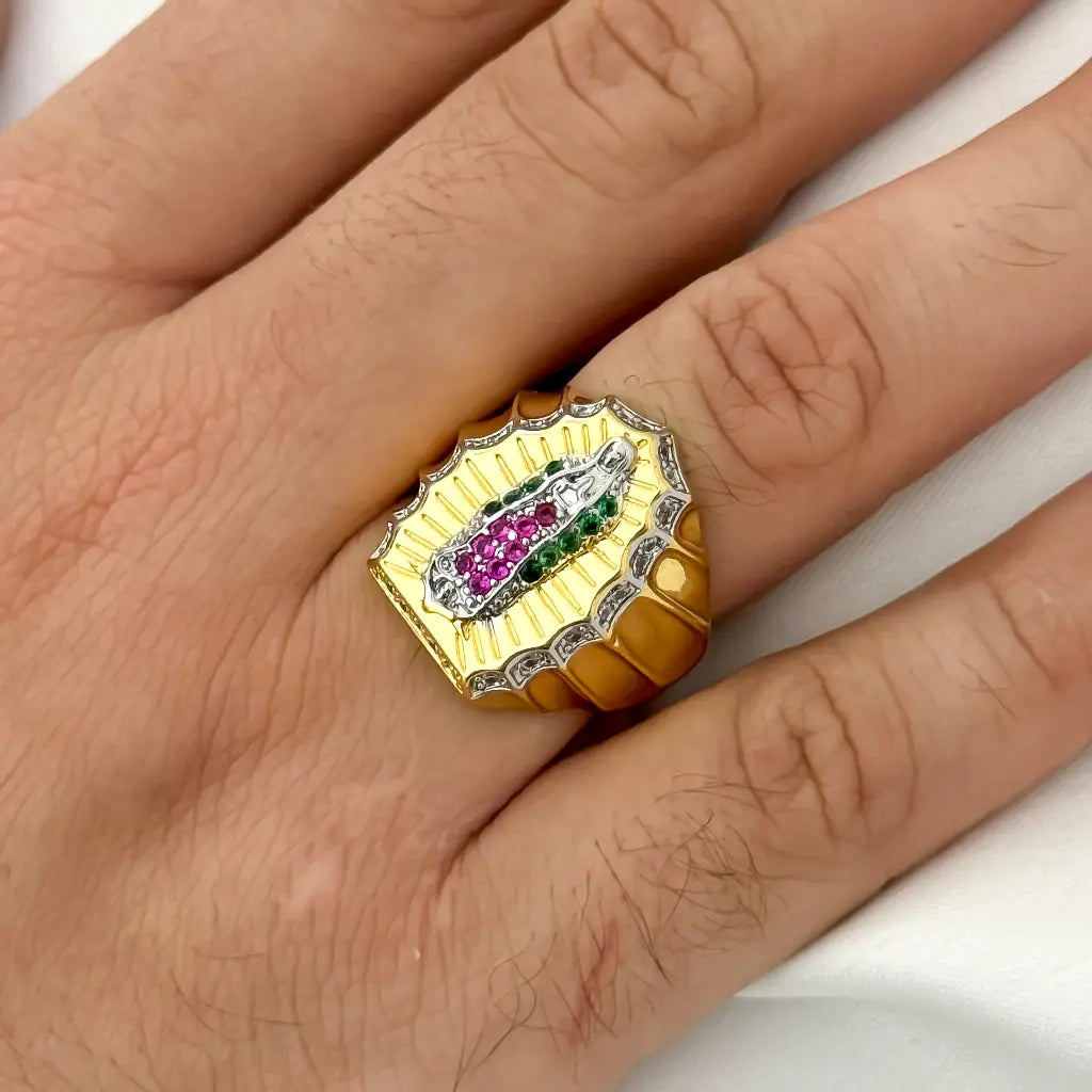 Anillo de Virgen Guadalupe Tallada con Micro Circones en Oro Laminado 18k con Garantia de por vida Talla Ajustable