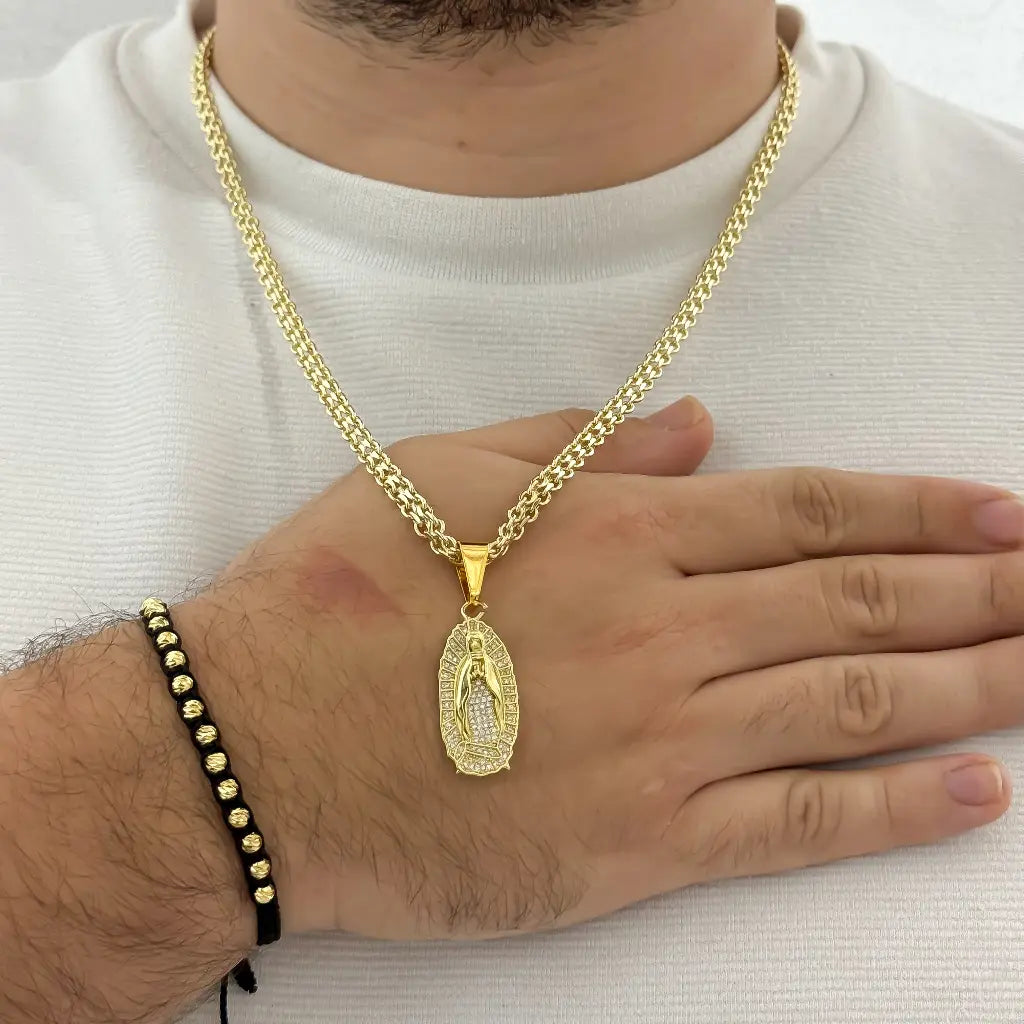 Conjunto Cadena Tejido Chino 60cm -5mm de Grosor + Virgen Guadalupe con Circones + Pulsera Balin italiano 5mm en Oro Laminado 18k con Garantia de por vida