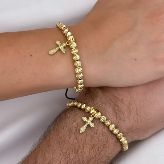 Promocion de 2 Pulseras para Parejas Cruz con Micro circones en Balin Nuevo italiano Nuevo Labrado en Oro Laminado 18k con Garantía de por vida