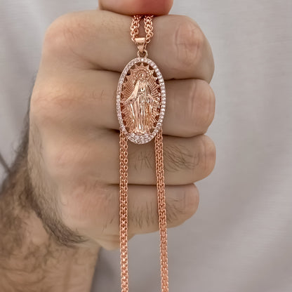 Cadean Tejido Chino de Hombre en Oro Rosa  de 60cm de 4mm de Grosor + Virgen Milagrosa en Oro laminado 18k