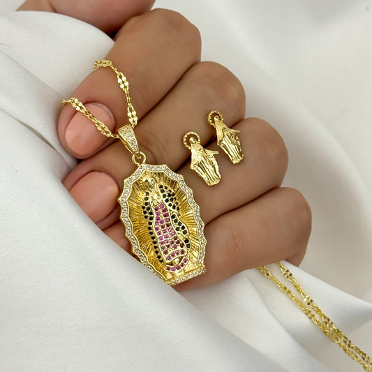 Juego para Dama Cadena virgen guadalupe Con circones + Topos  en Oro laminado 18k