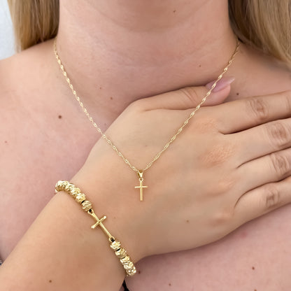 Cadena Tejido Singapur de Dama de 45m + Dije Cruz Mini + Pulsera Balin Italiano con Herraje Cruz en Oro laminado 18k con Garantía de por vida