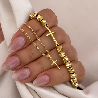 Cadena Tejido Singapur de Dama de 45m + Dije Cruz Mini + Pulsera Balin Italiano con Herraje Cruz en Oro laminado 18k con Garantía de por vida