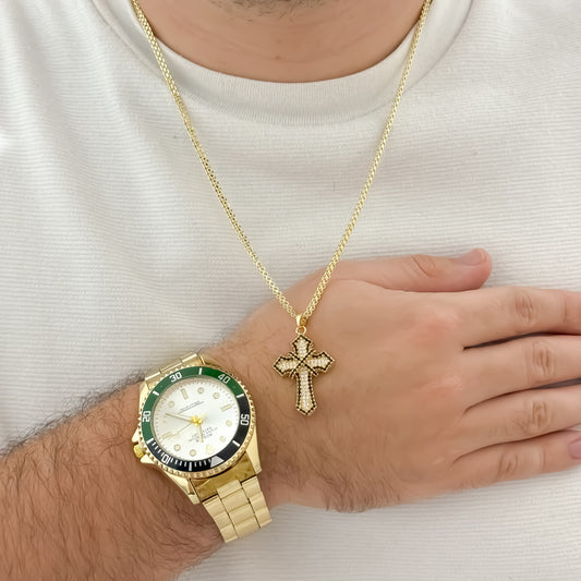 Cadena Tejido Chino 60cm Hombre + Cruz Cristo con Circones Negro + Reloj de Rolex en Oro Laminado 18k