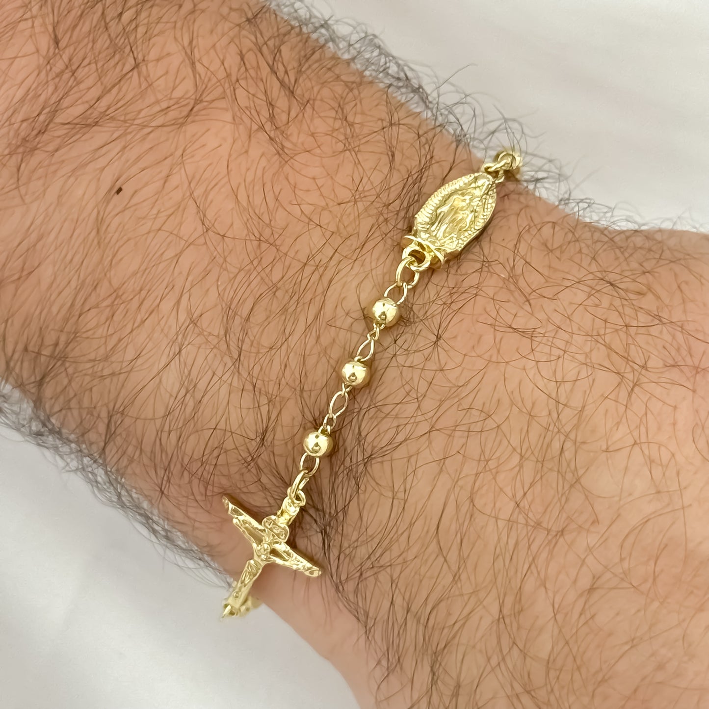 Pulsera Balin 5mm Liso Doble Proteccion Virgen Guadalupe + Cristo Madero en Oro Laminado 18k