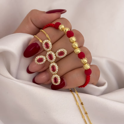 Cadena Tejido Cubana de 45cm de 2mm + Cruz con Micro Circones Rojo + Pulseras Balin italinao de 6mm en Hilo Rojo en Oro Laminado 18k con Garantia de por vida