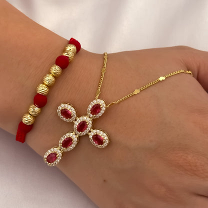 Cadena Tejido Cubana de 45cm de 2mm + Cruz con Micro Circones Rojo + Pulseras Balin italinao de 6mm en Hilo Rojo en Oro Laminado 18k con Garantia de por vida